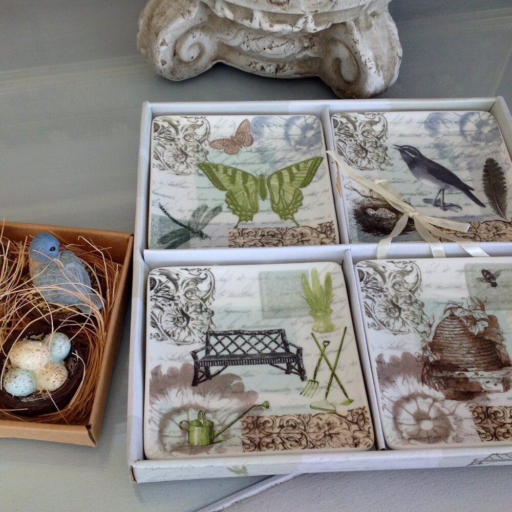 Mini Square Plates - Bird, Butterfly, Beehive by Paula Scaletta  with Bird & Egg